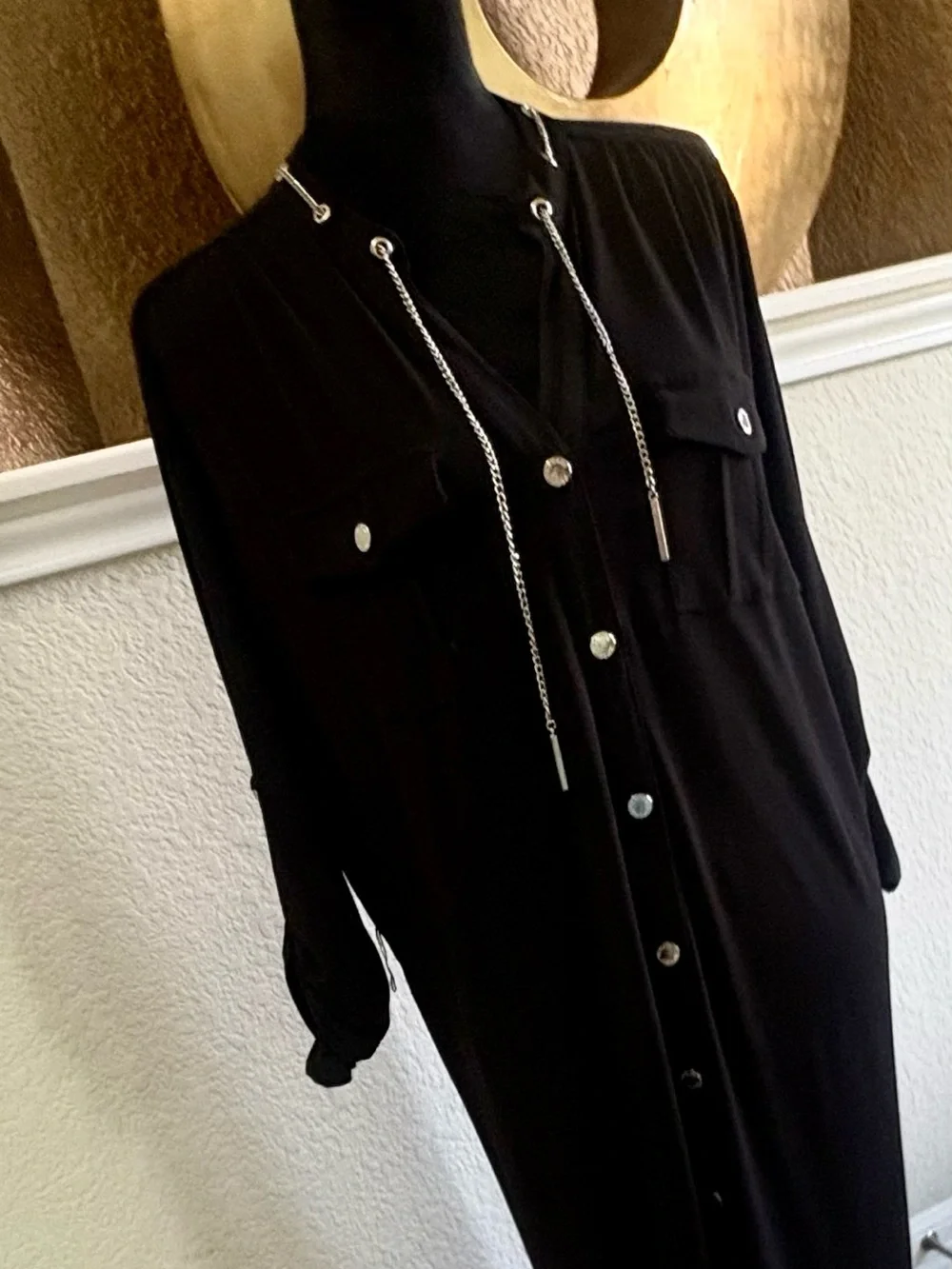 Michael Kors Black Utility Shirt Dress with Silver Accents